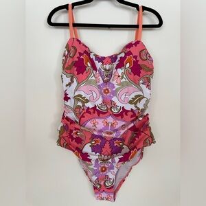 Cupshe | Retro Psychedelic Floral One Piece Swimsuit Pink Orange Size XL NWT